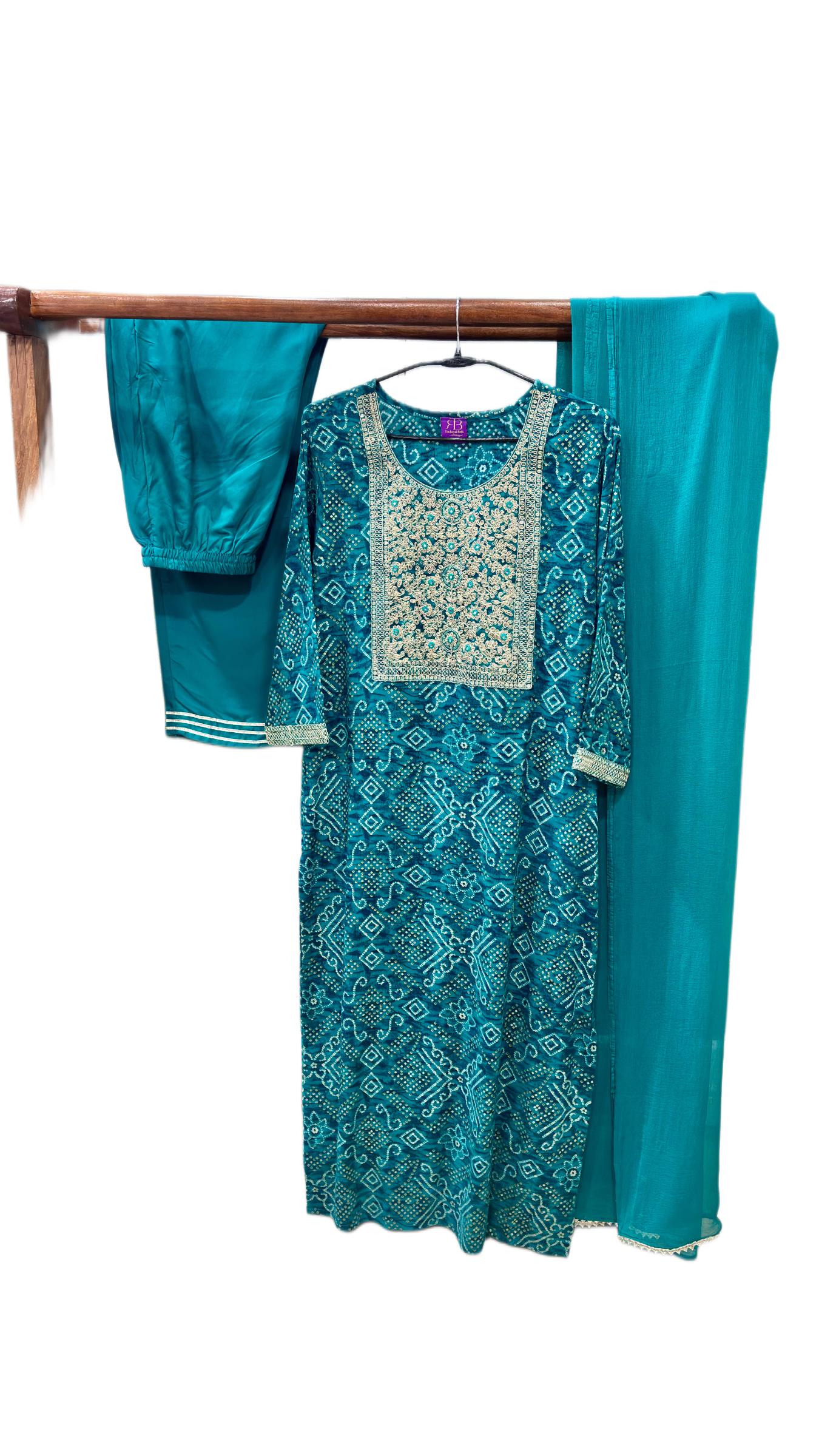 Jade Glow Bandhani Style Rayon Suit Set