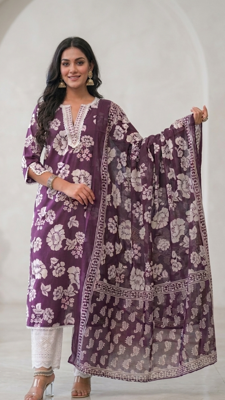 Woman wearing a Maroon floral kurta with white sifli pants and matching floral print lightweight dupatta.