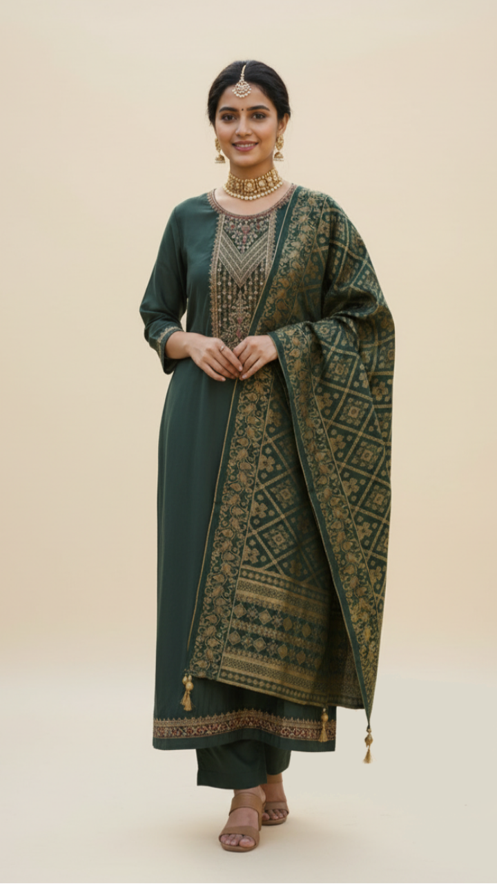Jade Serenity Embroidered Silk Suit Set