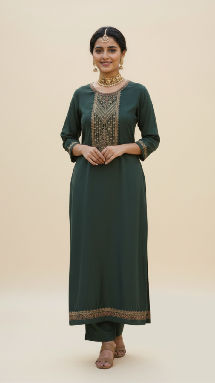 Jade Serenity Embroidered Silk Suit Set