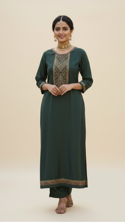 Jade Serenity Embroidered Silk Suit Set