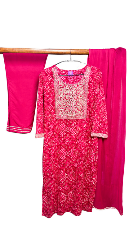 Gulabi Glow - Bandhani Style Rayon Suit Set
