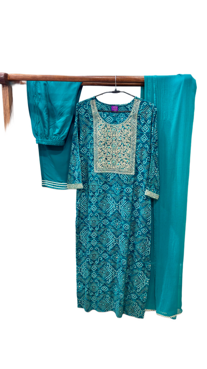 Jade Glow Bandhani Style Rayon Suit Set