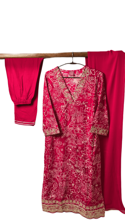Fuchsia Splendor Embroidered Rayon Floral Suit Set