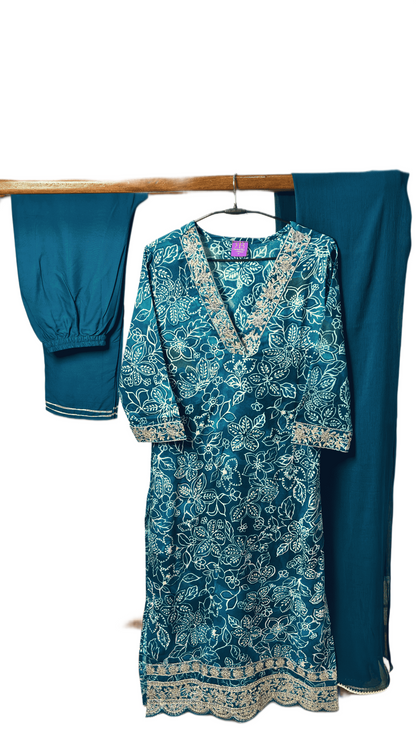 Teal Mystique Embroidered Rayon Floral Suit Set