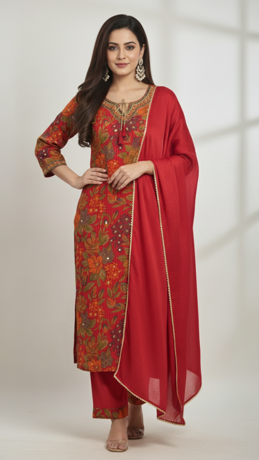 Berry Regal Rayon Floral Suit Set