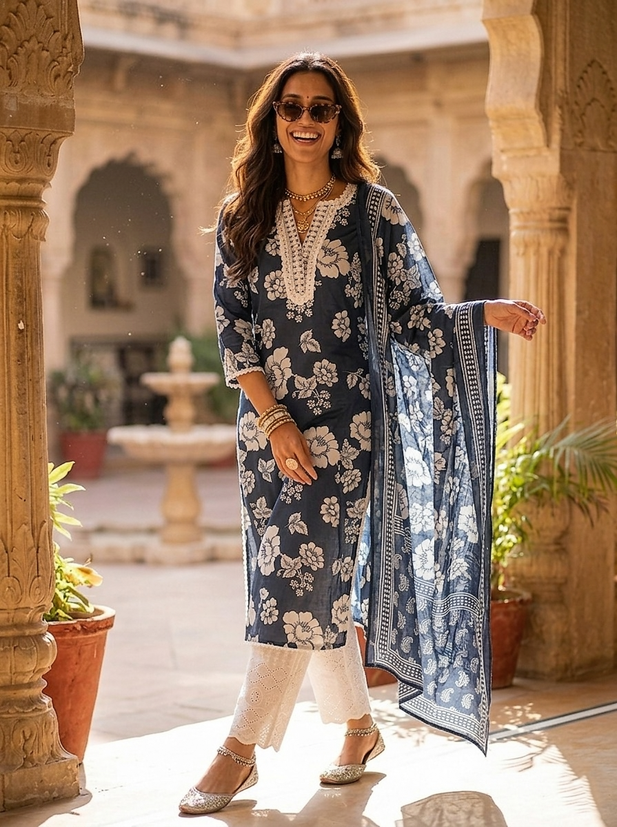 Noor Indigo Bloom Kurta Suit Set