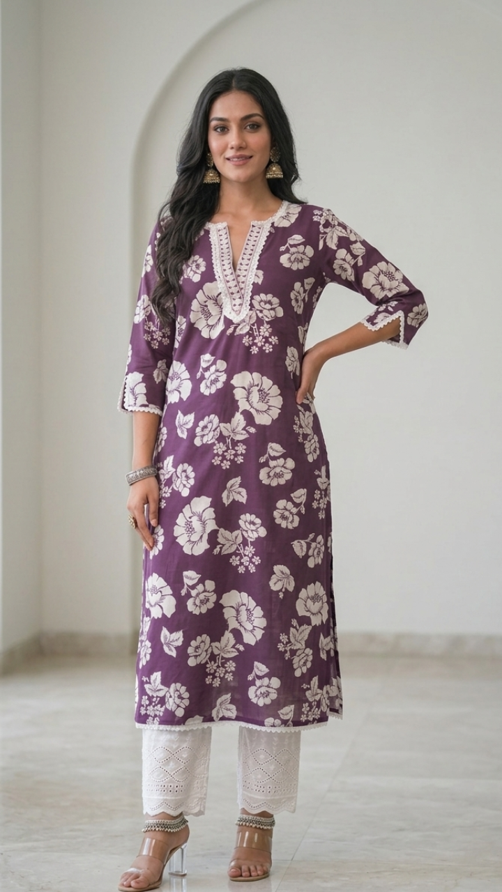 Woman wearing a Maroon floral kurta with white sifli pants.