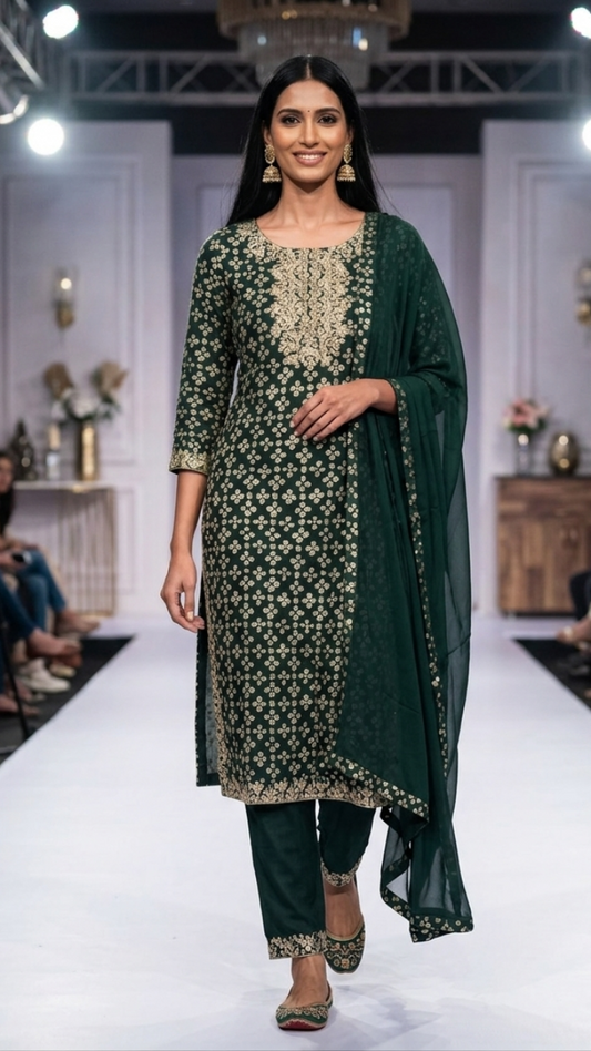 Model walking on a fashion show runway wearing a green traditional outfit.