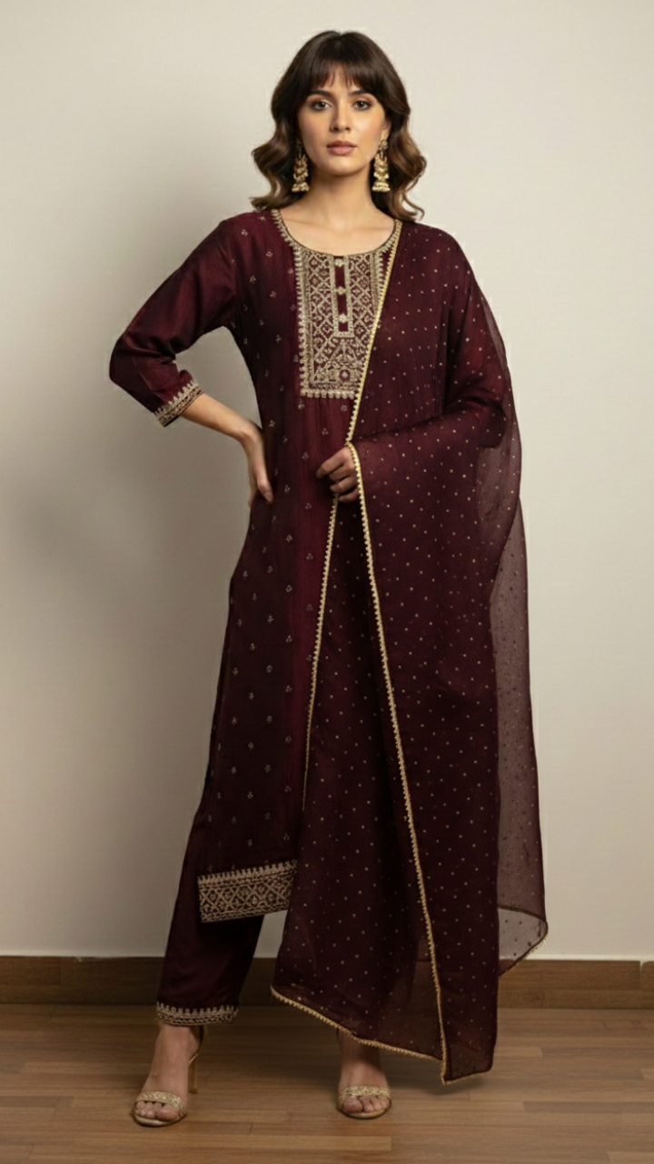 Ruhani Wine Kurta Suit Set
