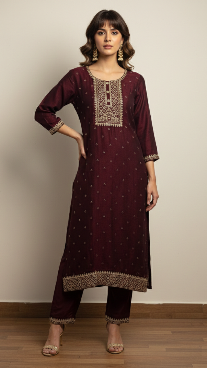 Ruhani Wine Kurta Suit Set