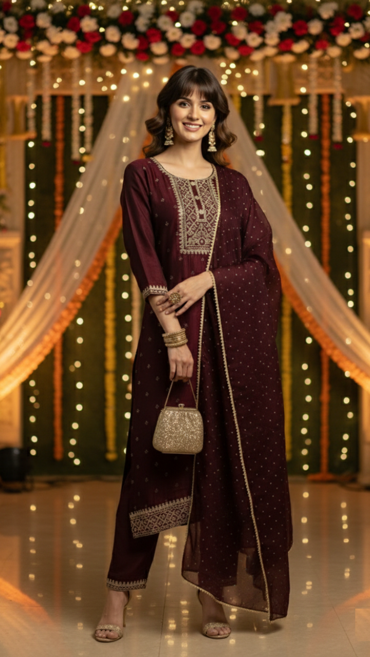 Ruhani Wine Kurta Suit Set