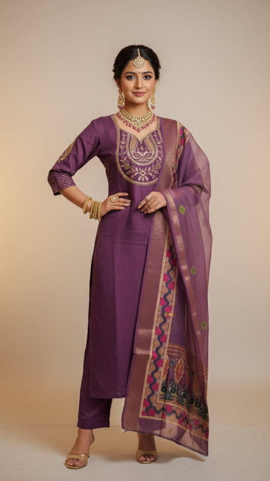 Lilac Royale Muslin Silk Suit Set