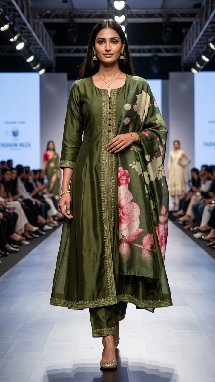 Model wearing a green anarkali kurta pant with floral dupatta on a runway at a fashion event.