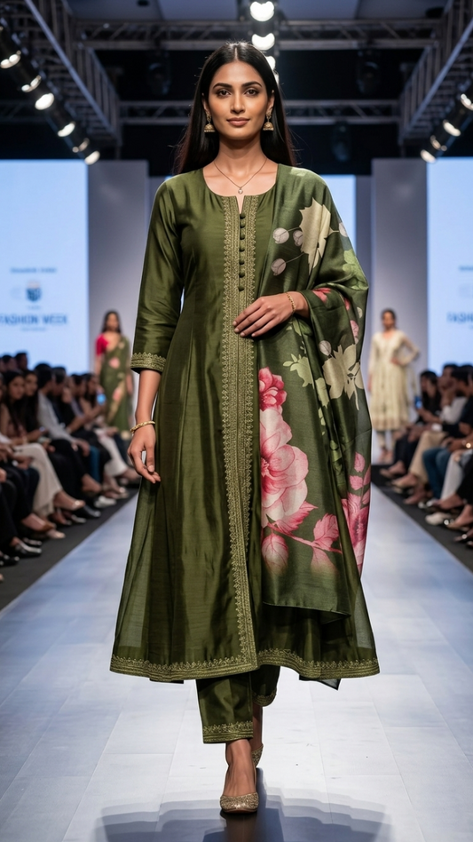 Model wearing a green anarkali kurta pant with floral dupatta on a runway at a fashion event.