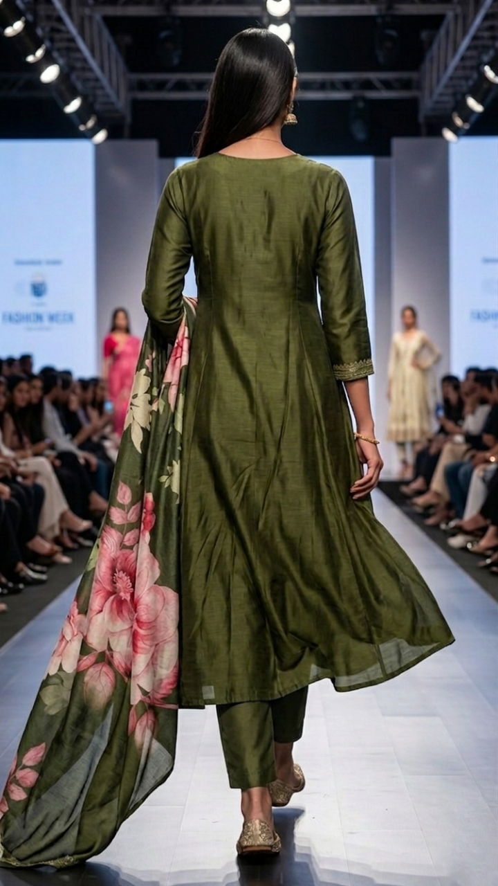Model walking on a runway wearing a green anarkali kurta pant with floral dupatta.