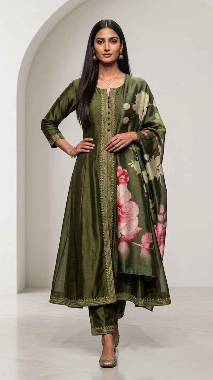 Woman wearing a green anarkali kurta pant with floral dupatta.