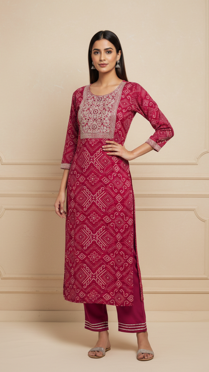 Gulabi Glow - Bandhani Style Rayon Suit Set