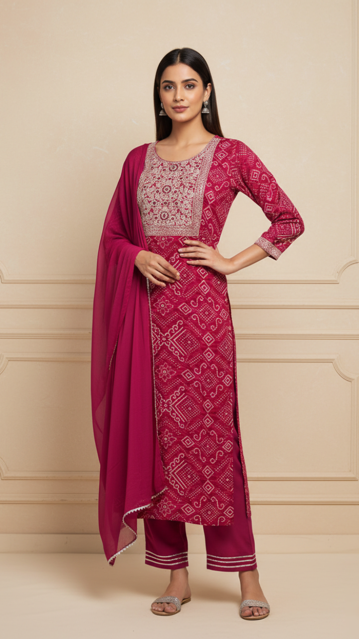 Gulabi Glow - Bandhani Style Rayon Suit Set