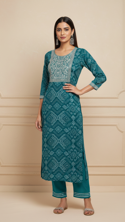 Jade Glow Bandhani Style Rayon Suit Set