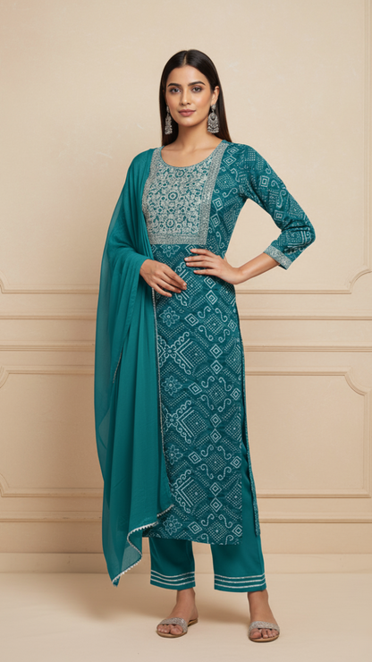 Jade Glow Bandhani Style Rayon Suit Set