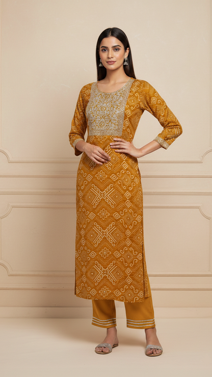 Amber Glow Bandhani Style Rayon Suit Set
