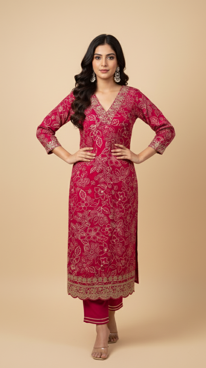 Fuchsia Splendor Embroidered Rayon Floral Suit Set