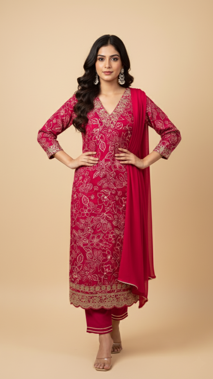 Fuchsia Splendor Embroidered Rayon Floral Suit Set