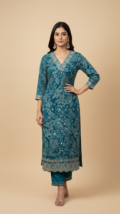 Teal Mystique Embroidered Rayon Floral Suit Set