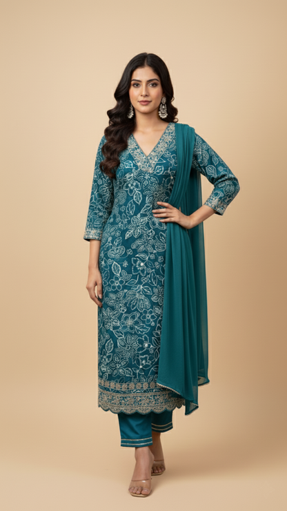 Teal Mystique Embroidered Rayon Floral Suit Set